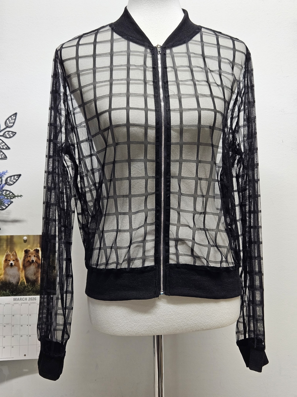 Y2K Black Sheer Mesh Windowpane Grid Bomber Jacket Full Zip LS Size L Goth Edgy